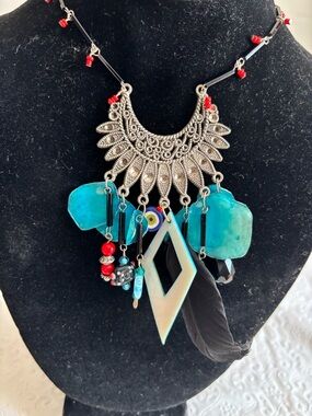 Boho Turquoise, red/blue/black beads with black feather and MOP pendant dangle
